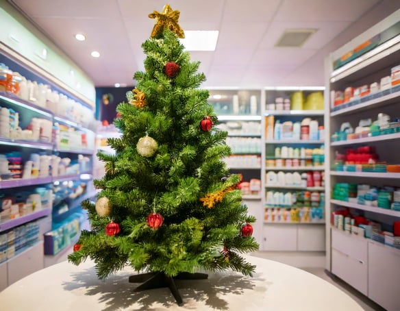 Firefly arbol de navidad pequeño y con algunas decoraciones en el mostrador de una farmacia 15882